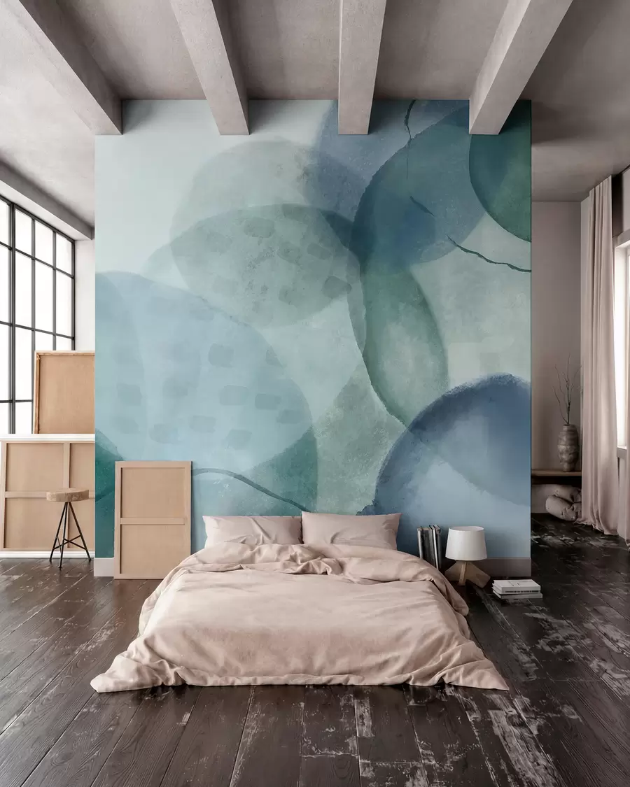 Papier peint Formes abstraites douces et aquarelles dans des tons de bleu, vert et blanc w07926