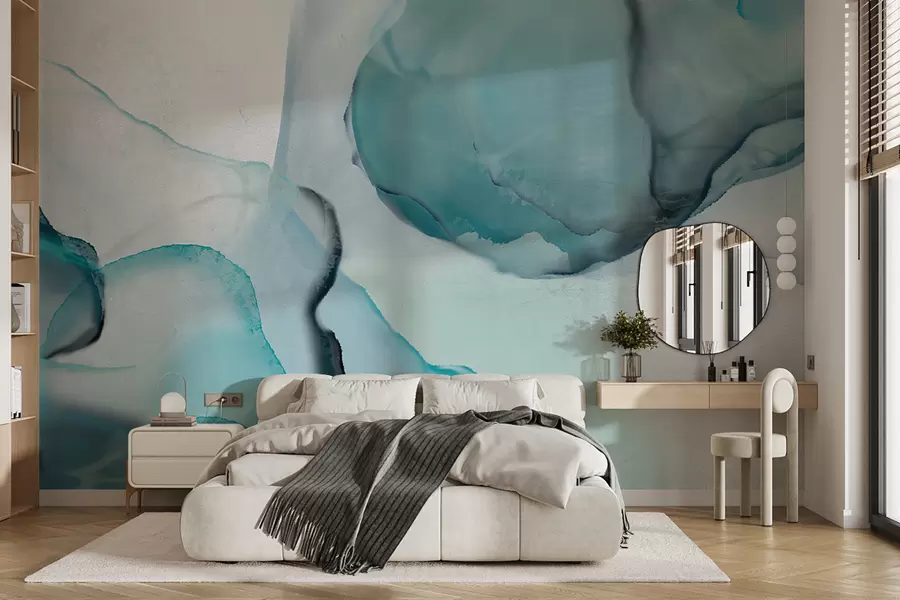 Papier peint Art fluide abstrait bleu et blanc, ressemblant à de l'eau et de l'encre qui coule w07927