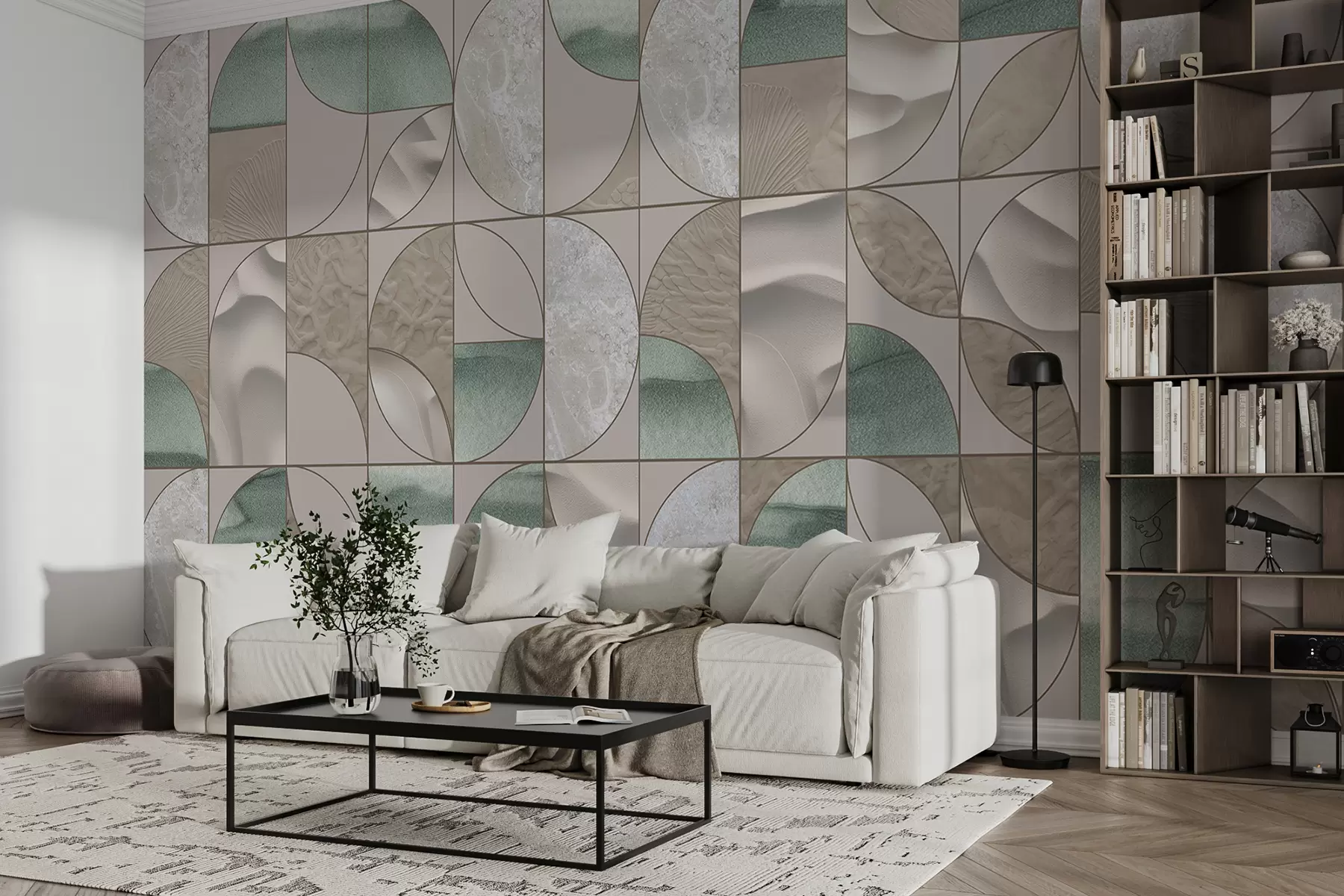 Papier peint Un motif géométrique de textures vertes, beiges et blanches disposées dans un motif abstrait répétitif w07928