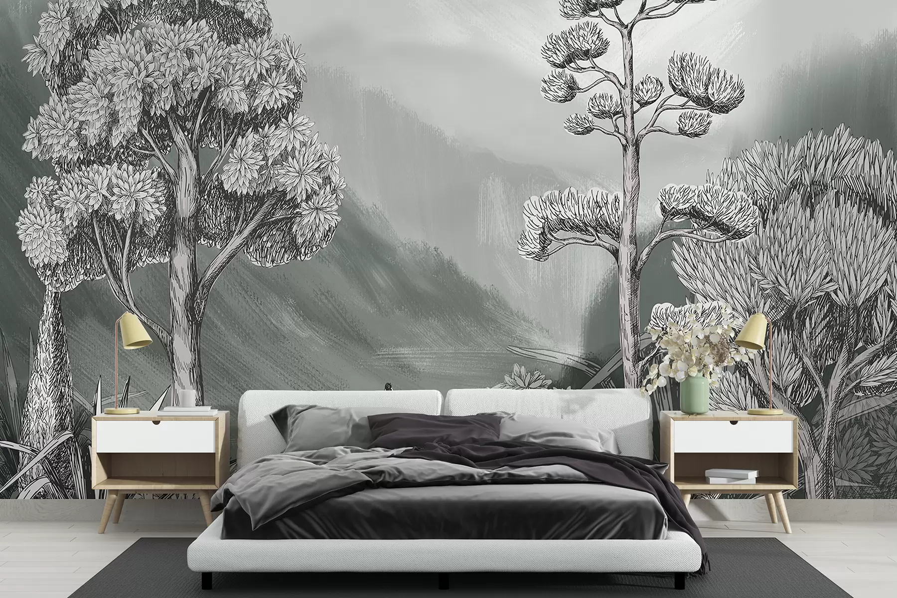 Papier peint Un paysage en noir et blanc avec différents types d'arbres et de plantes et des montagnes au loin w07930