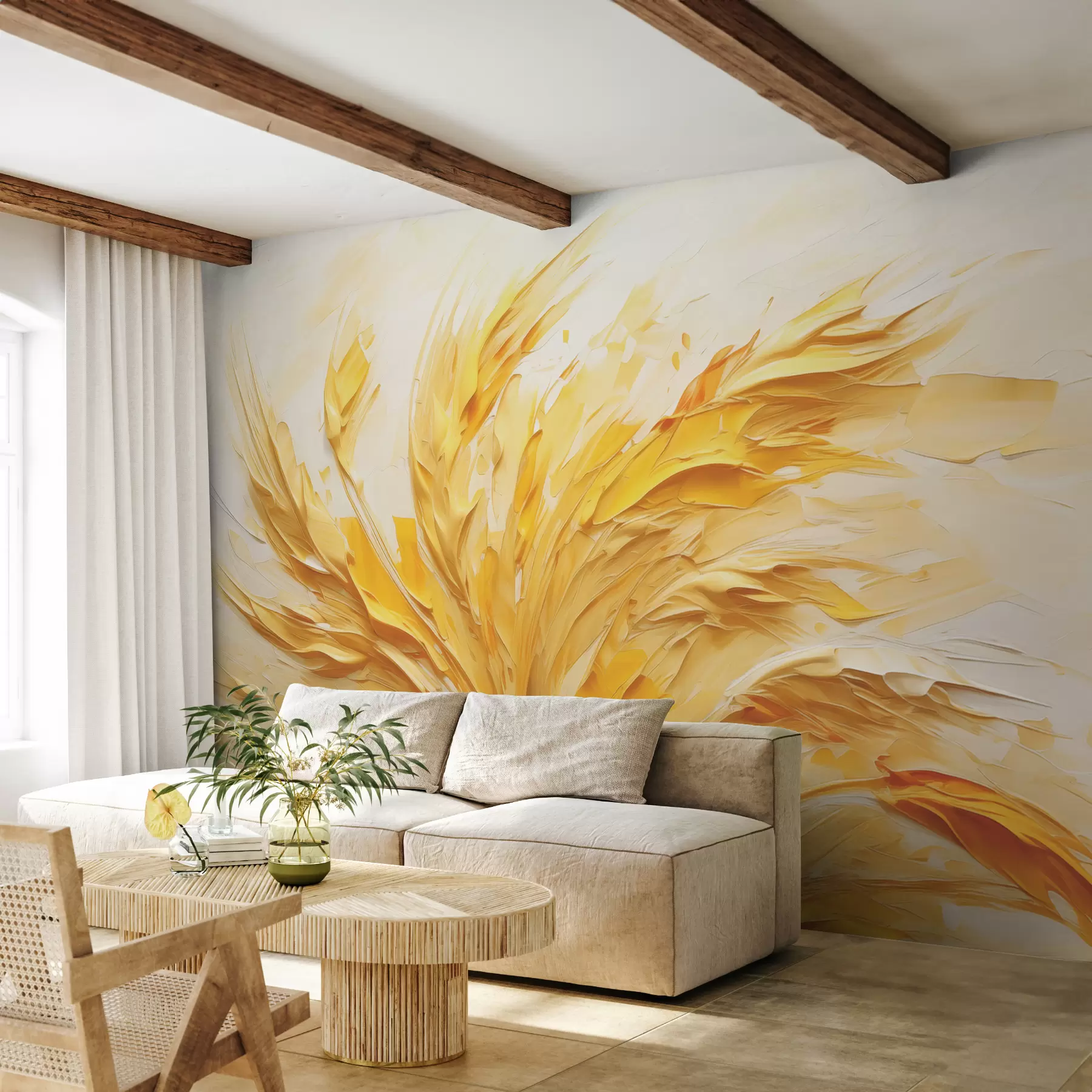 Papier peint Tableau abstrait blé à larges traits, couleur jaune w07963