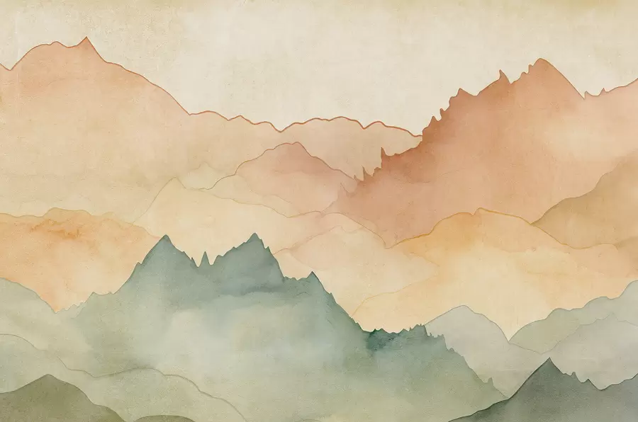 Papier peint Chaînes de montagnes, aquarelle vintage, couleur rose, bleue et jaune w07965