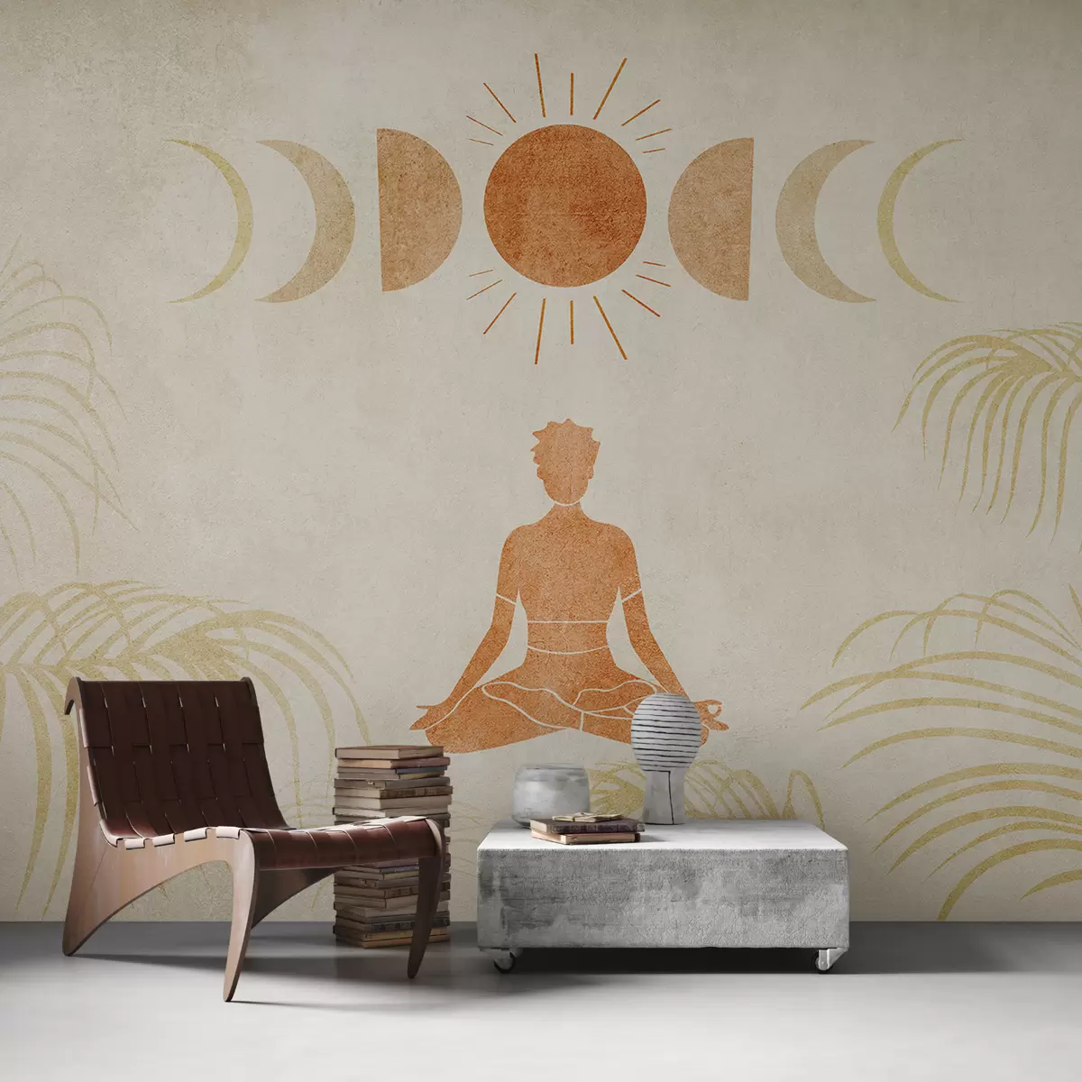 Papier peint Une fille est assise en position du lotus sous les phases de la lune parmi les feuilles de palmier, la texture, la couleur orange, le yoga w07970