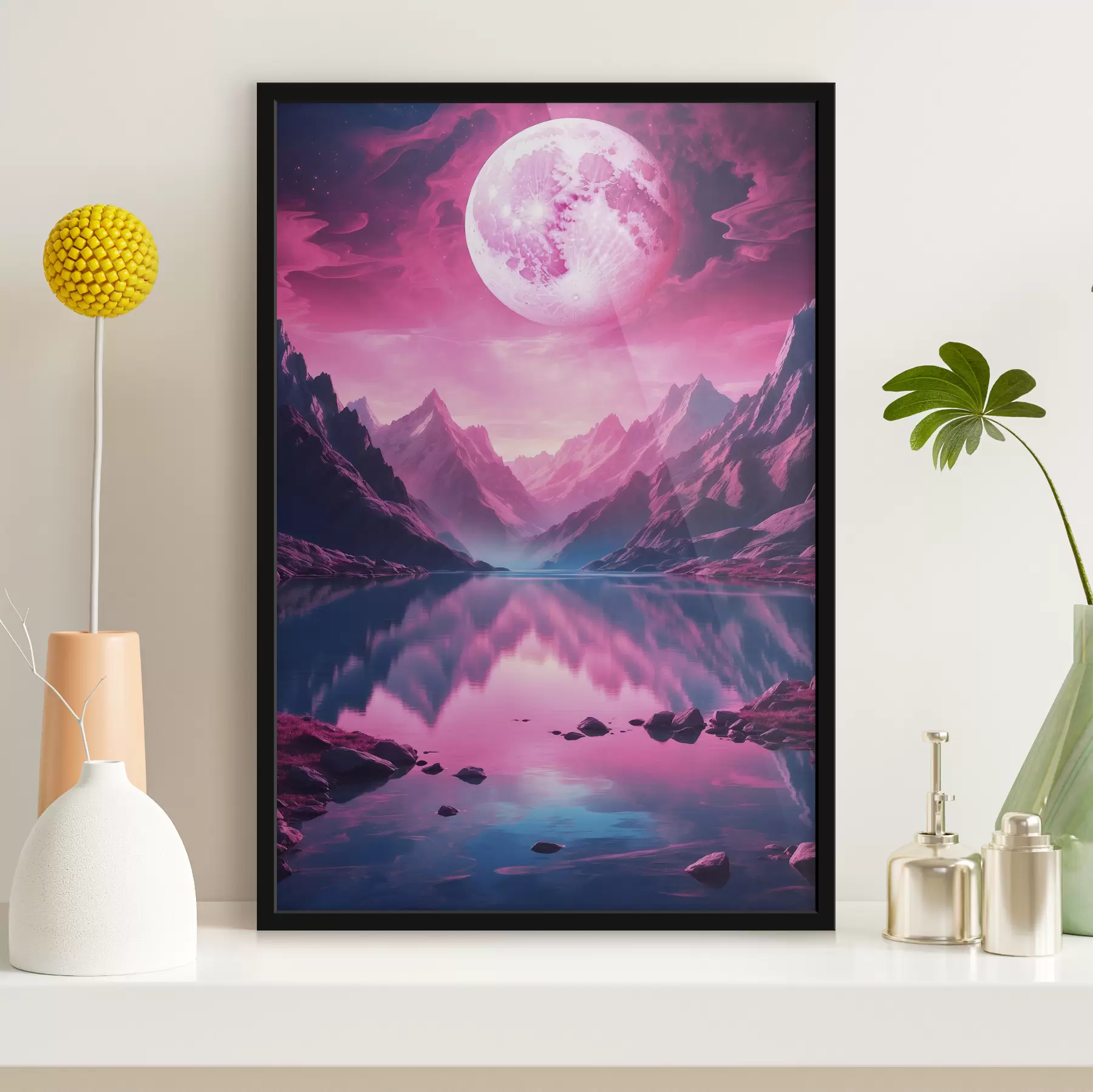 Papier peint Lune rose sur un lac f39361