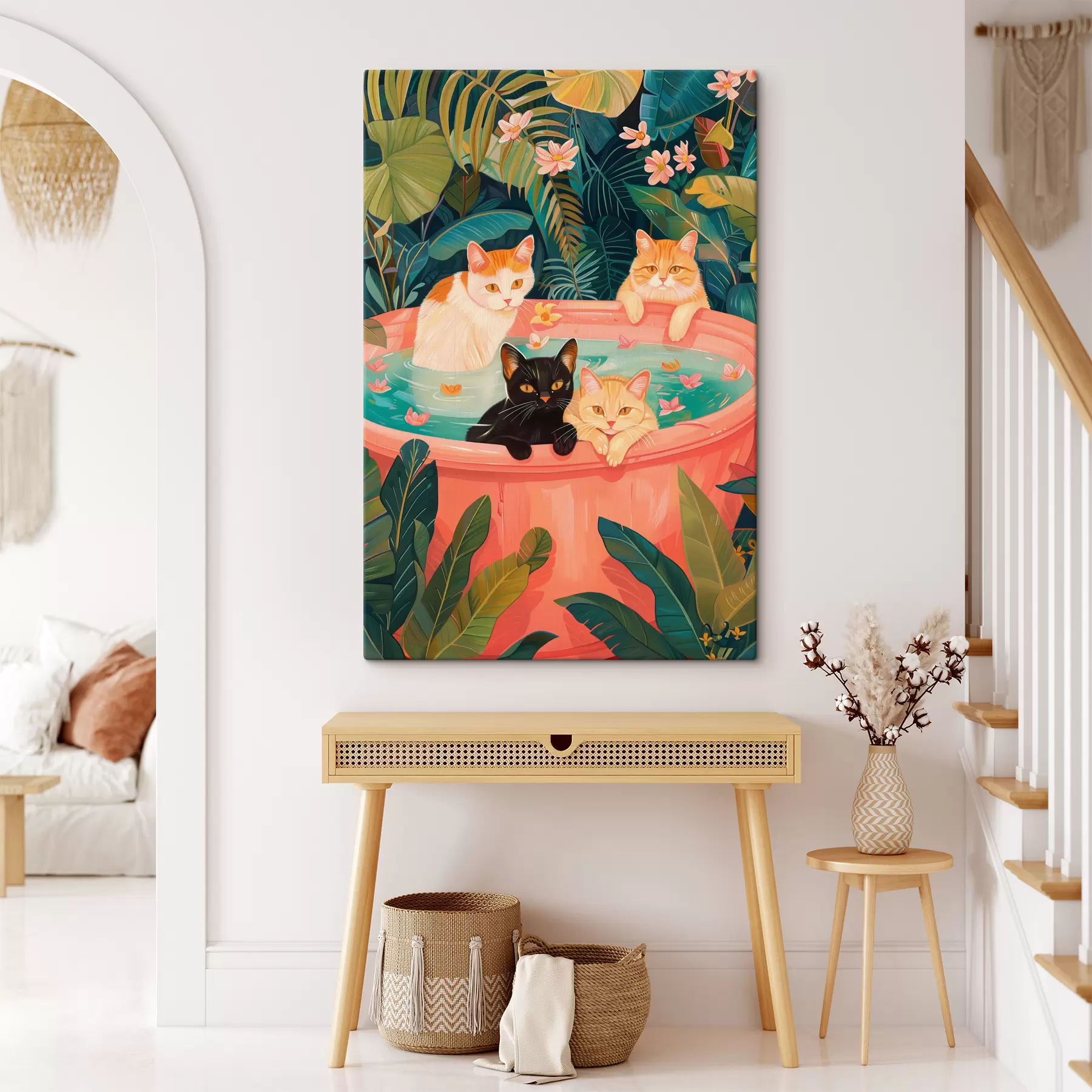 Tableau Chats dans un bain rose aux feuilles vertes, ambiance jungle s39465
