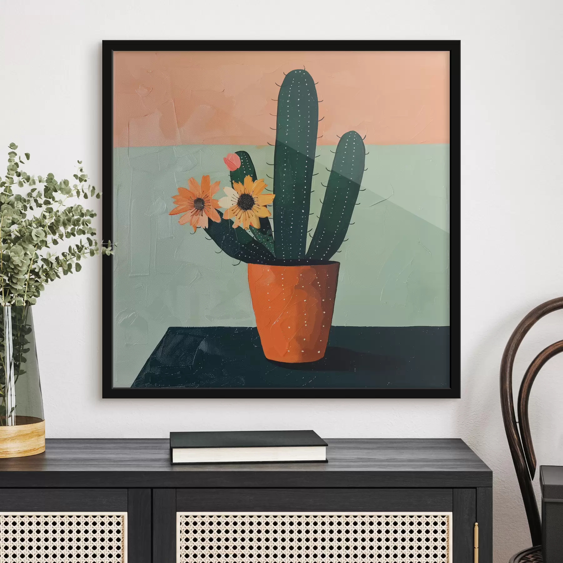 Papier peint Une peinture minimaliste d’un seul cactus avec des fleurs dans une palette de couleurs audacieuses. f39452