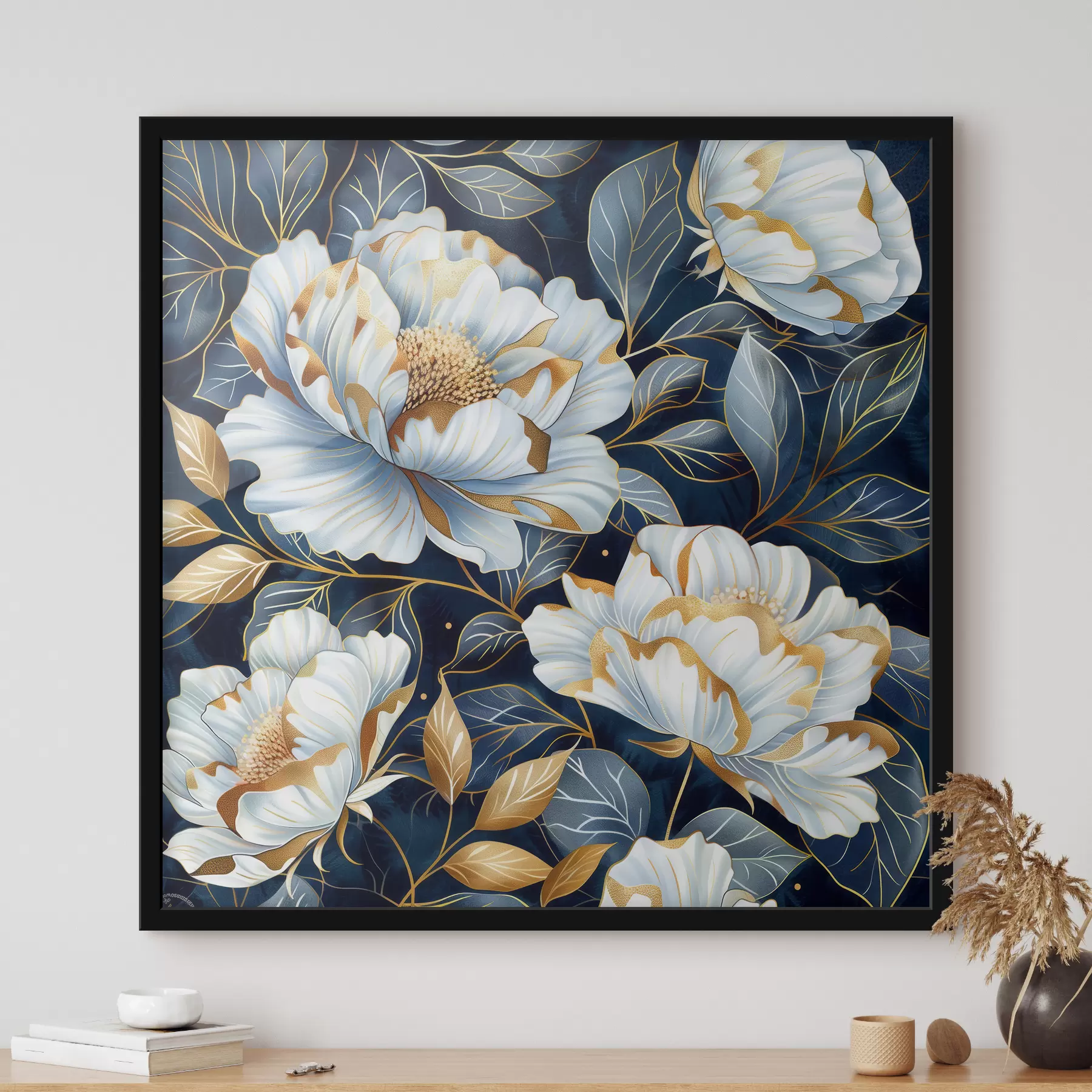 Papier peint Pivoines et roses blanches avec contour, feuilles bleues et motifs floraux sur fond f39457