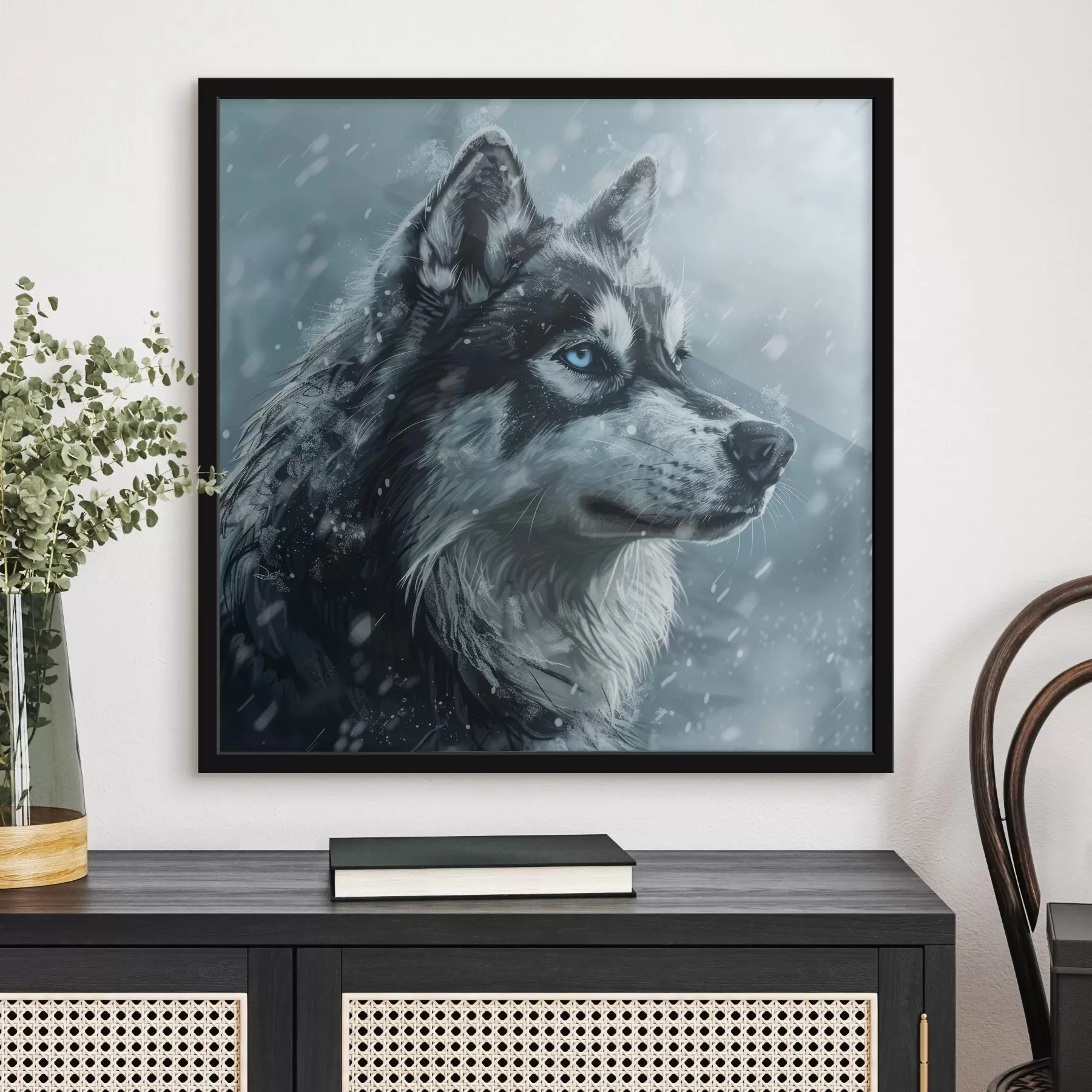 Tableau Husky aux yeux bleus sur fond bleu hivernal f39462