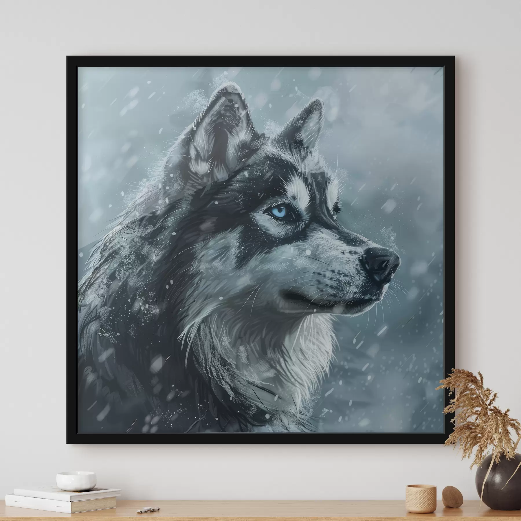 Tableau Husky aux yeux bleus sur fond bleu hivernal f39462