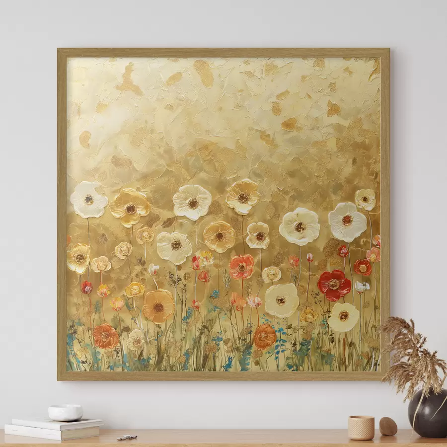Papier peint Prairie de style Klimt : délicates fleurs pastel à la texture fusionnée f39464