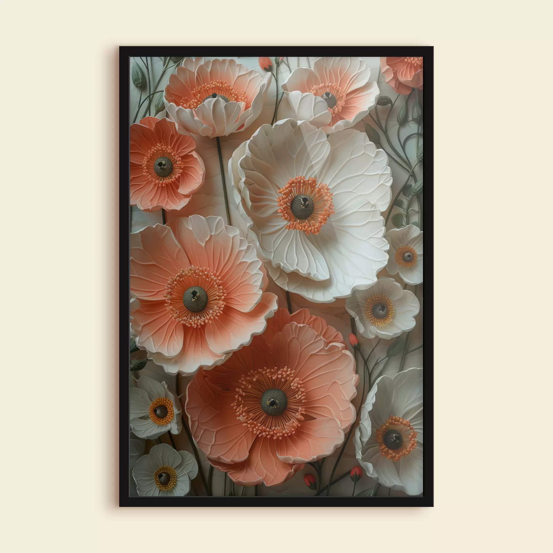 Papier peint Coquelicots de couleur neutre dans un style sculpture douce avec des boutons floraux rose clair et orange clair f39466
