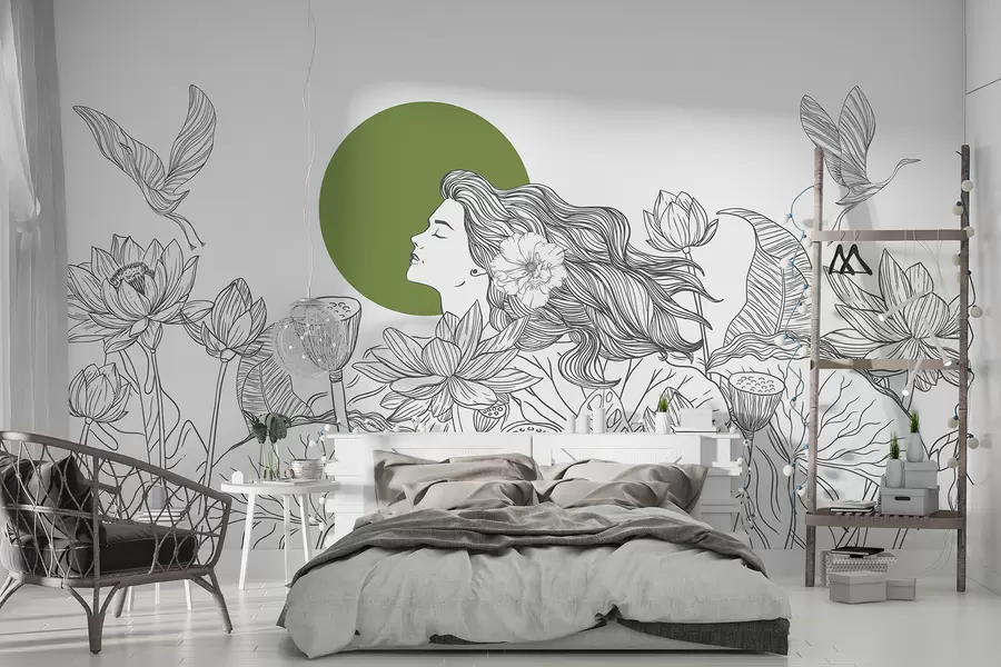 Papier peint Femme dans la nature, dessin au trait, fleurs de lotus, grandes feuilles, oiseaux volants, couleur grise et verte w07988v3