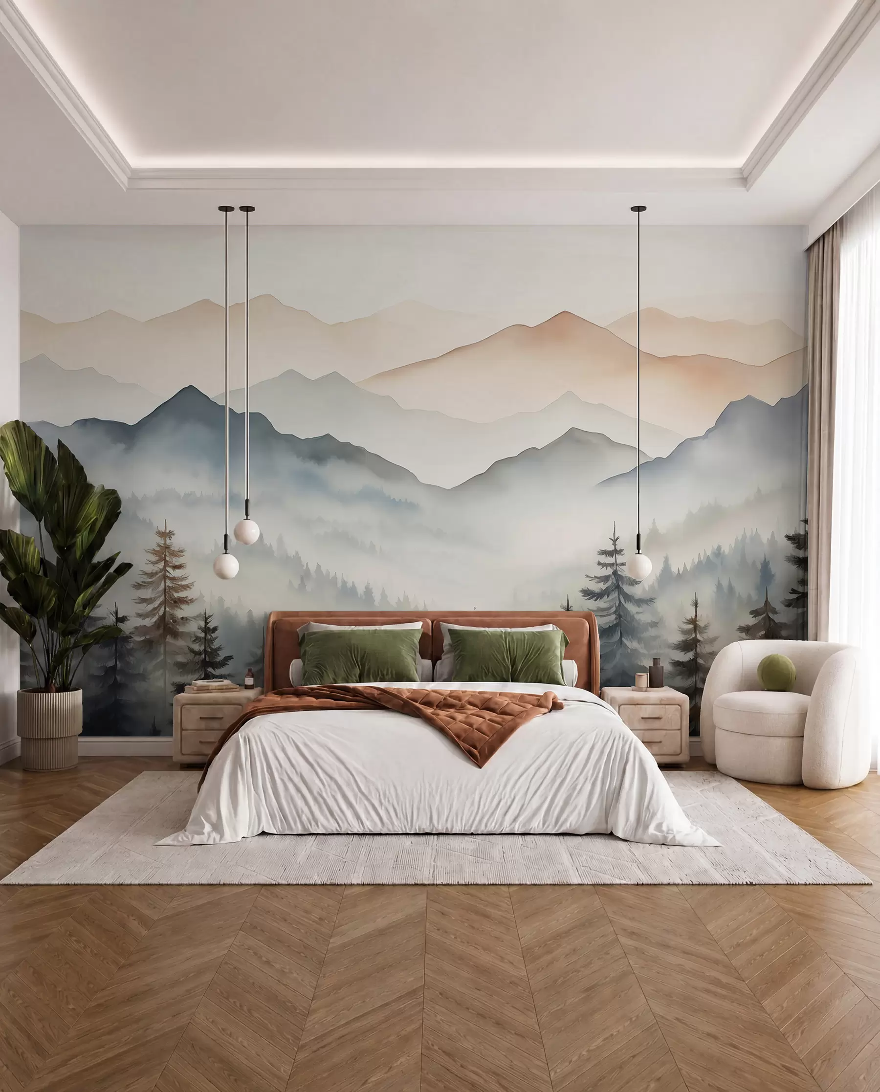 Papier peint Chaînes de montagnes contre l'aquarelle de la forêt w08024