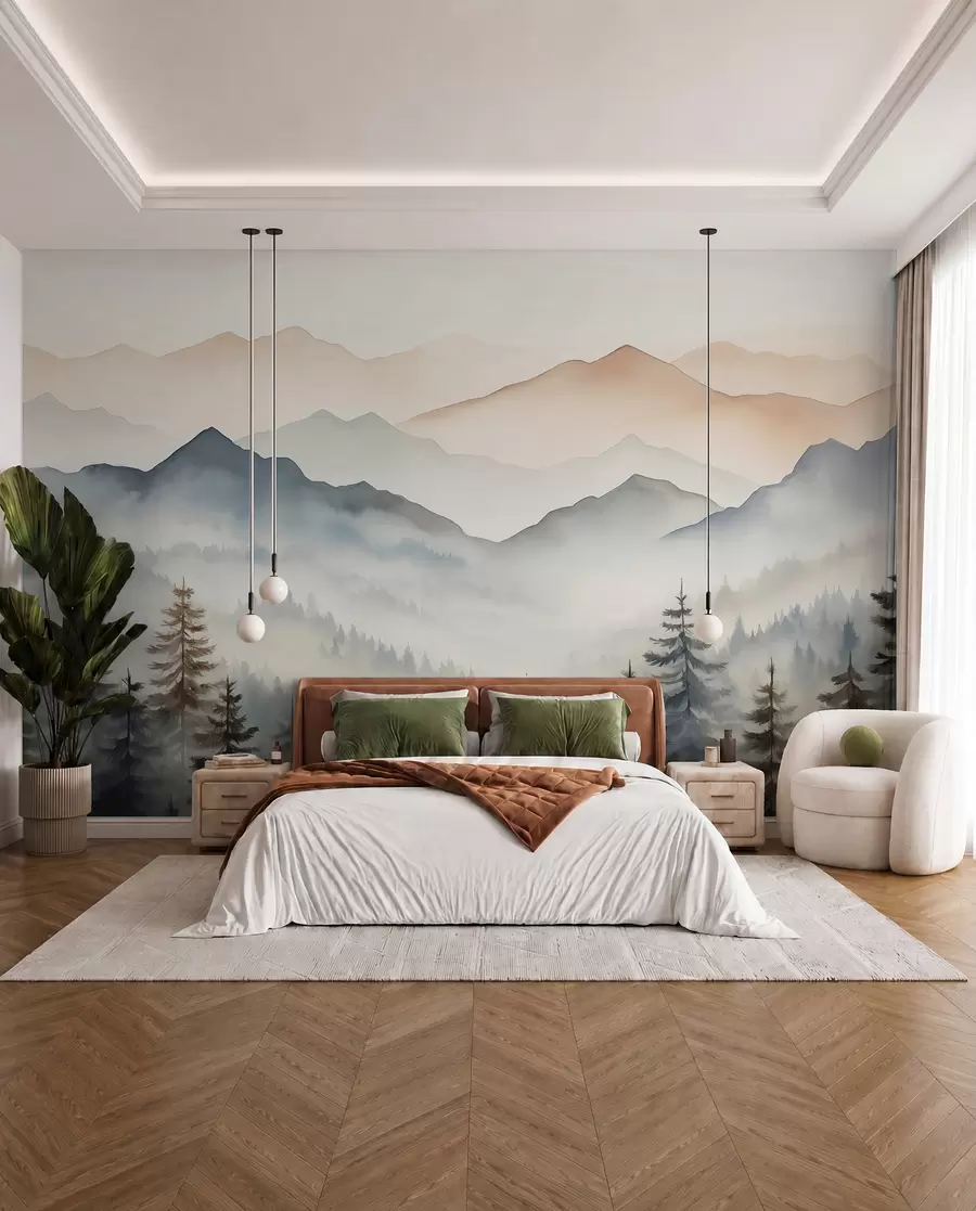 Papier peint Chaînes de montagnes contre l'aquarelle de la forêt w08024
