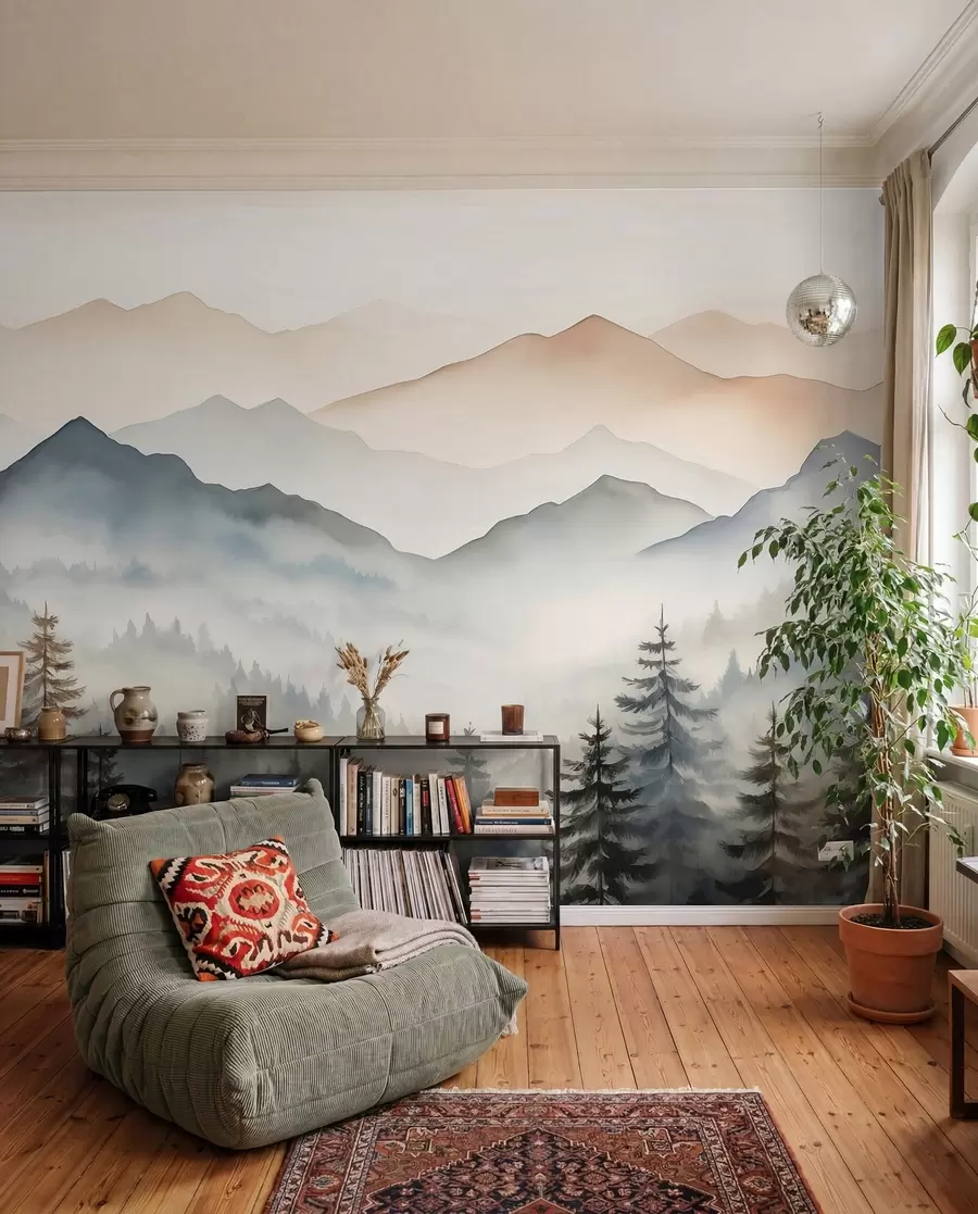 Papier peint Chaînes de montagnes contre l'aquarelle de la forêt w08024