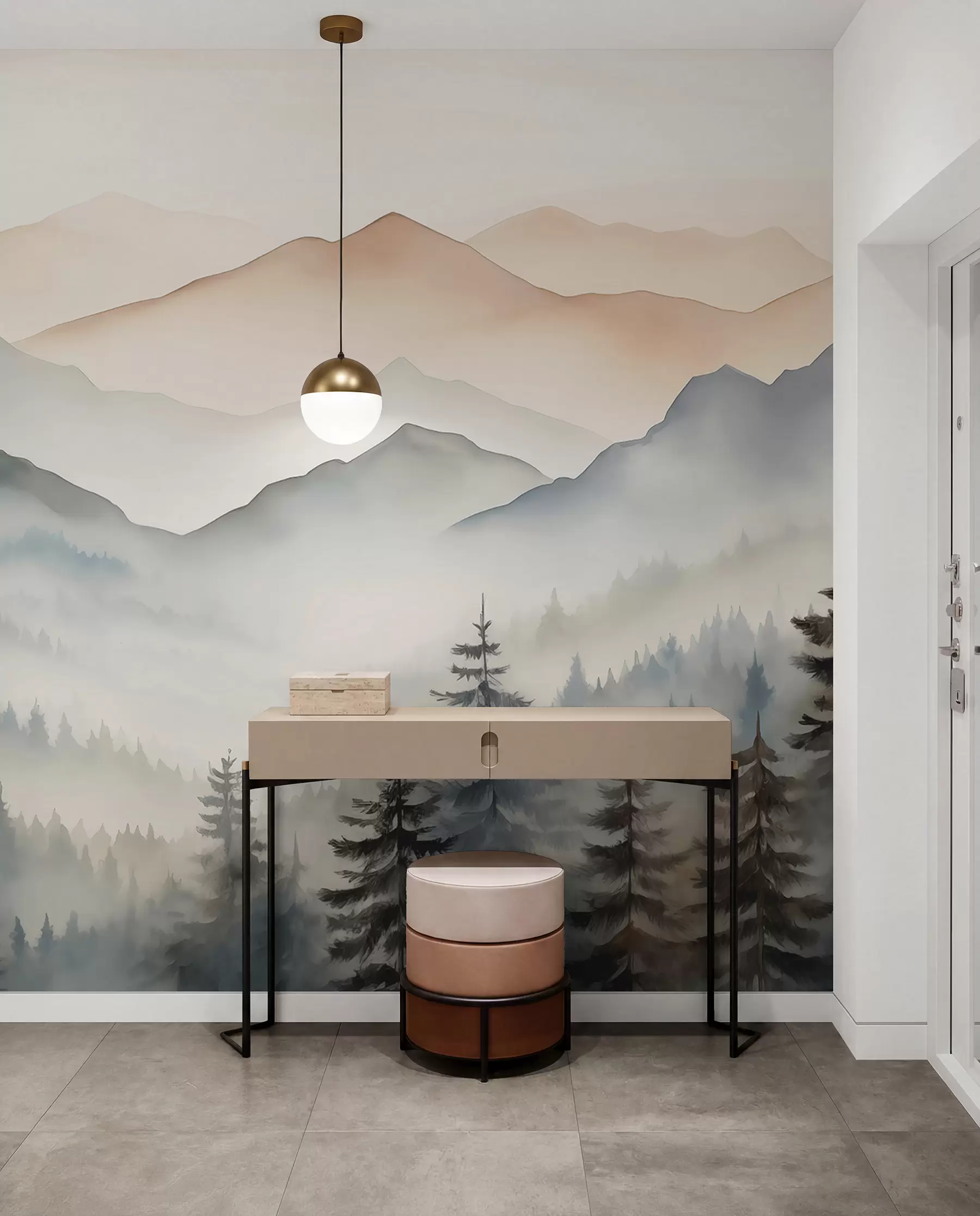 Papier peint Chaînes de montagnes contre l'aquarelle de la forêt w08024