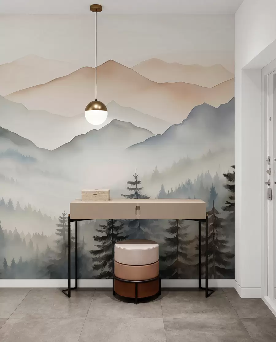 Papier peint Chaînes de montagnes contre l'aquarelle de la forêt w08024