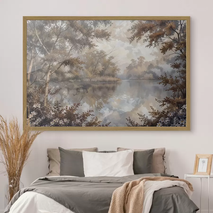 Papier peint Paysage d'automne avec un lac calme entouré d'arbres au feuillage orange et jaune vif f39511