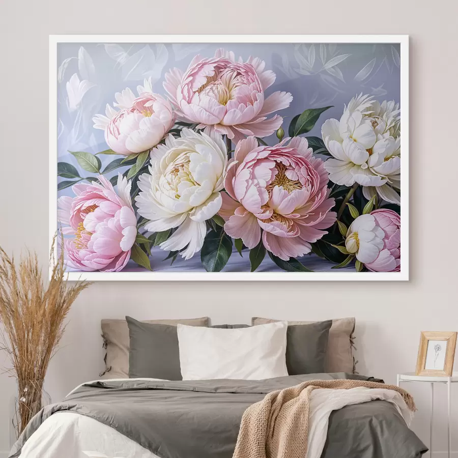 Papier peint Un bouquet de grandes fleurs de pivoines roses et blanches luxuriantes avec des feuilles vertes sur un arrière-plan doux et flou f39514