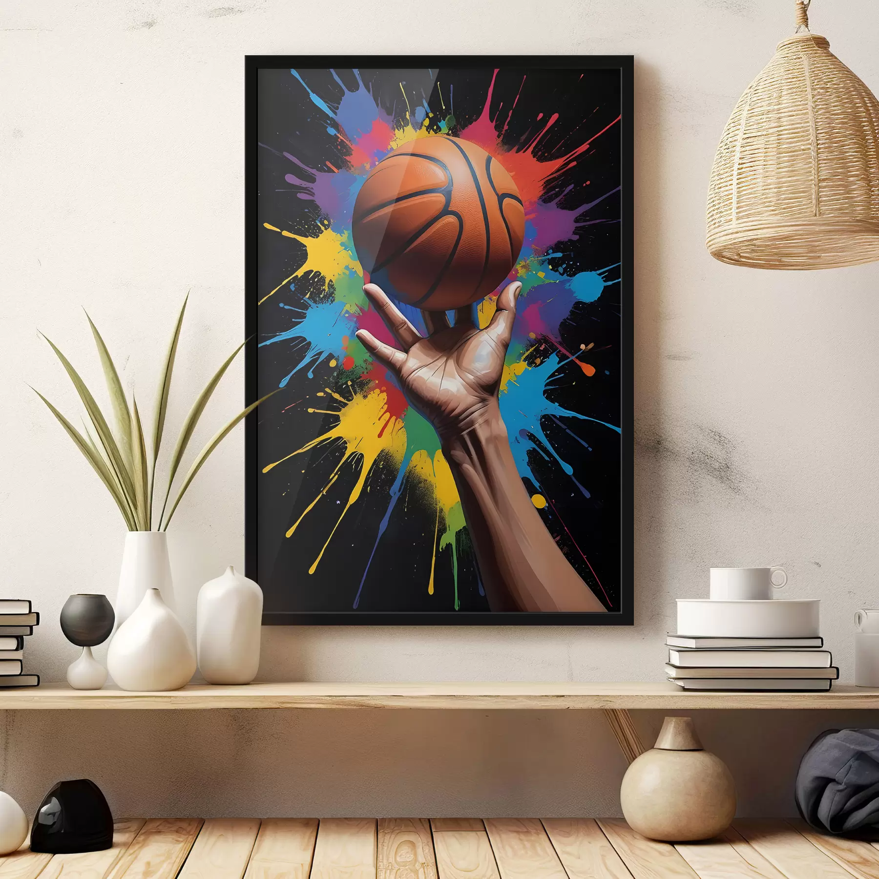 Tableau Une main tenant un ballon de basket sur un fond de peinture éclaboussée colorée f39529