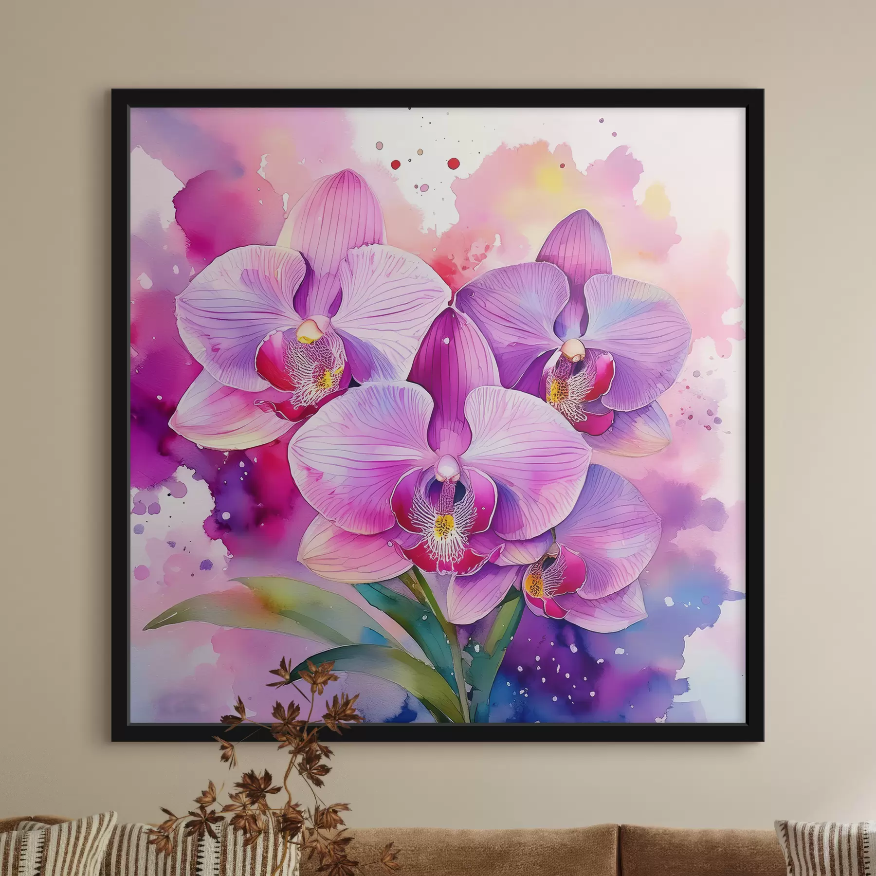 Papier peint orchidées sur papier aquarelle avec des taches roses f39623