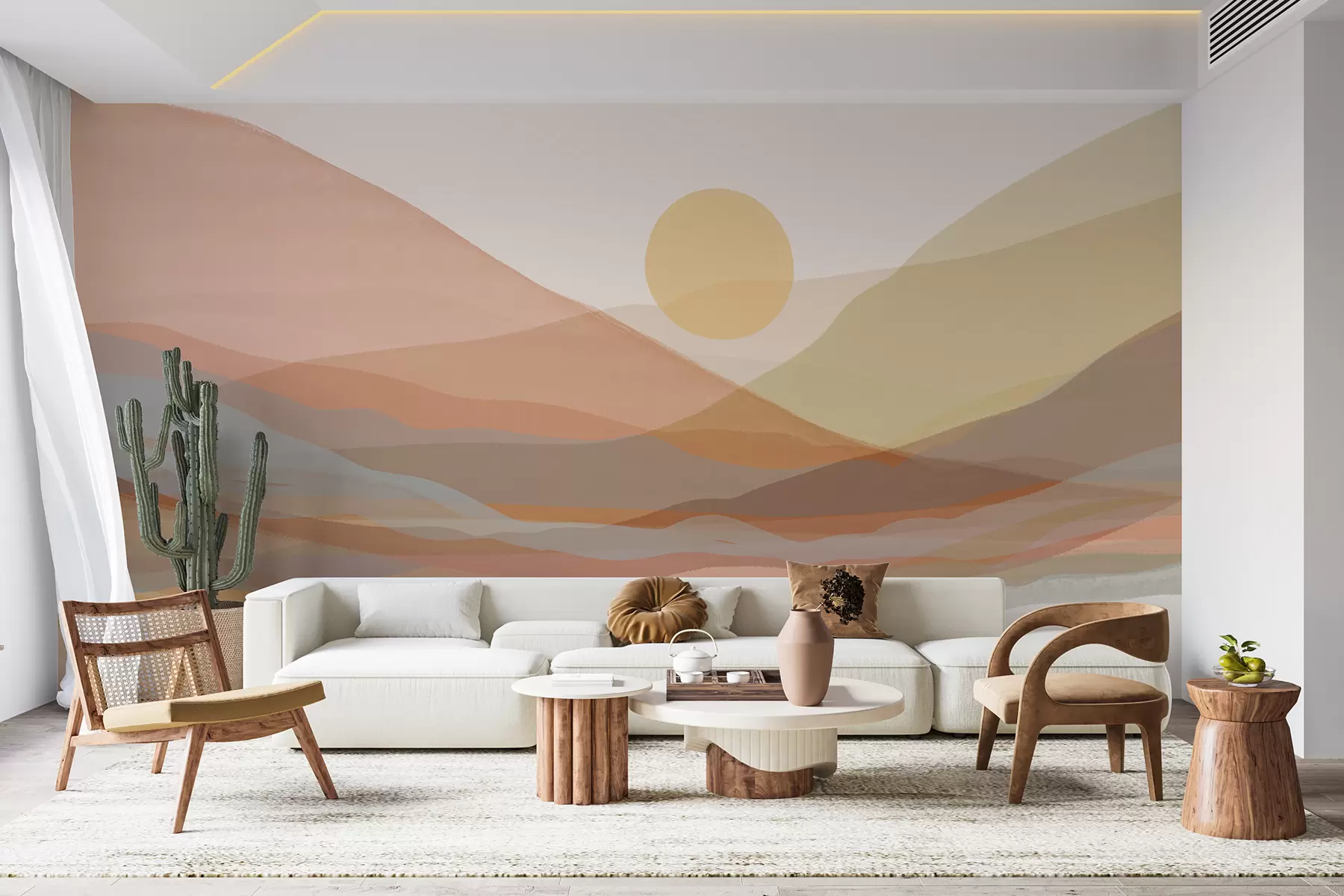 Papier peint Paysage montagneux avec un soleil chaud dans le ciel, des collines dans les tons orange, jaune et marron w07976