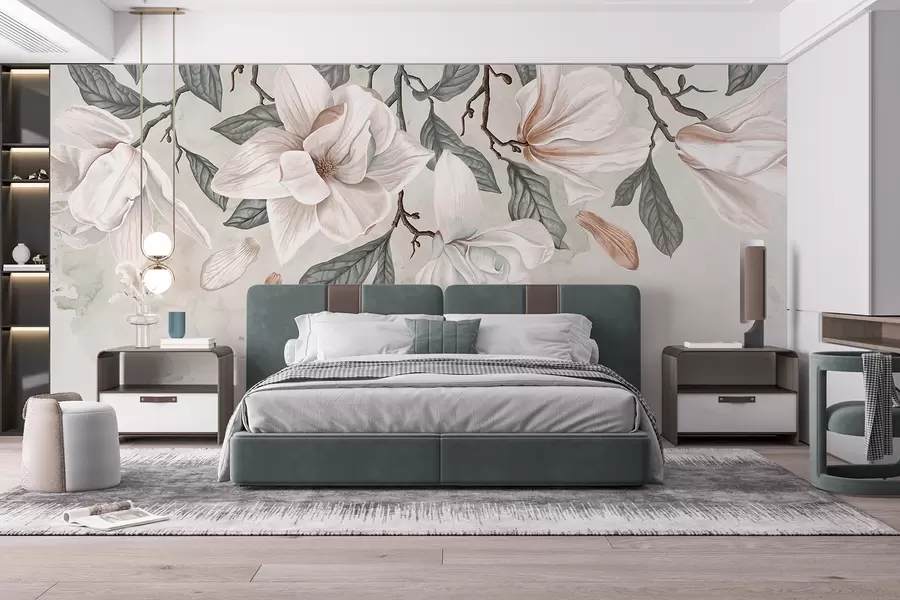 Papier peint Délicates fleurs de magnolia roses et blanches avec des feuilles vertes sur fond clair, une composition florale douce w07977