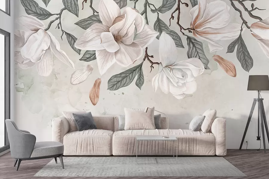 Papier peint Délicates fleurs de magnolia roses et blanches avec des feuilles vertes sur fond clair, une composition florale douce w07977