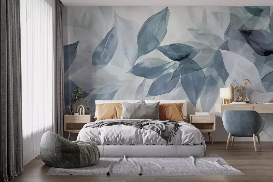 Papier peint Feuilles d'aquarelle gris et blanc doux avec un fond flou et éthéré w07981