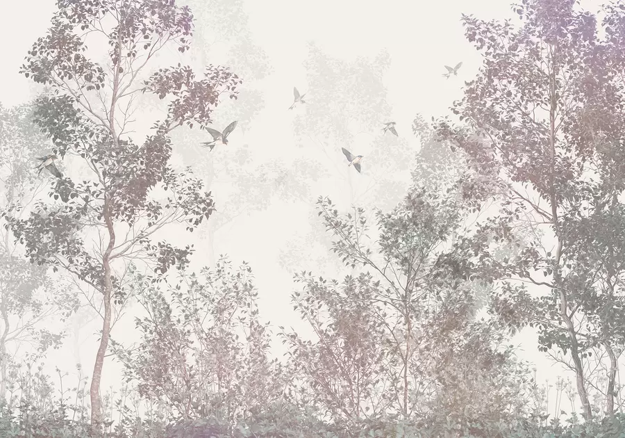 Papier peint Arbres avec feuilles et branches brunes et grises avec oiseaux volant dans le ciel, fond blanc w07982