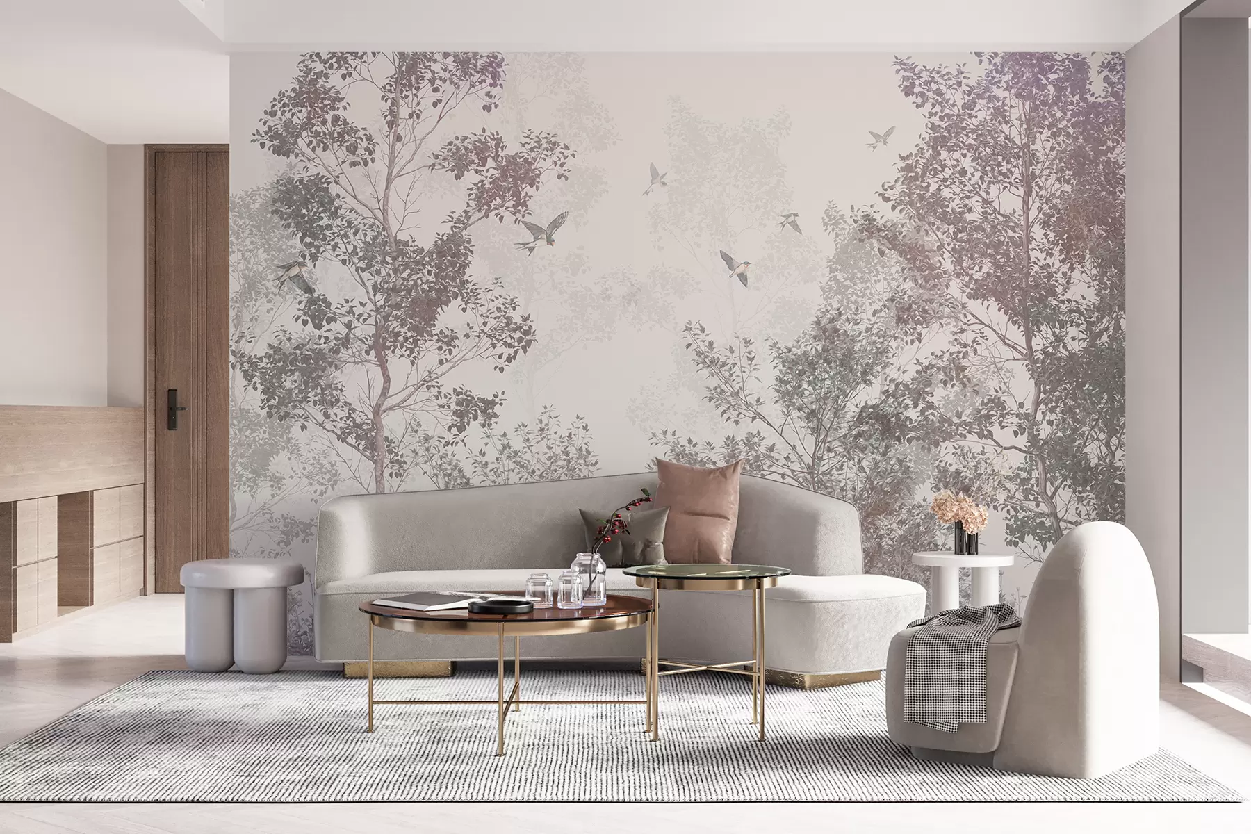 Papier peint Arbres avec feuilles et branches brunes et grises avec oiseaux volant dans le ciel, fond blanc w07982