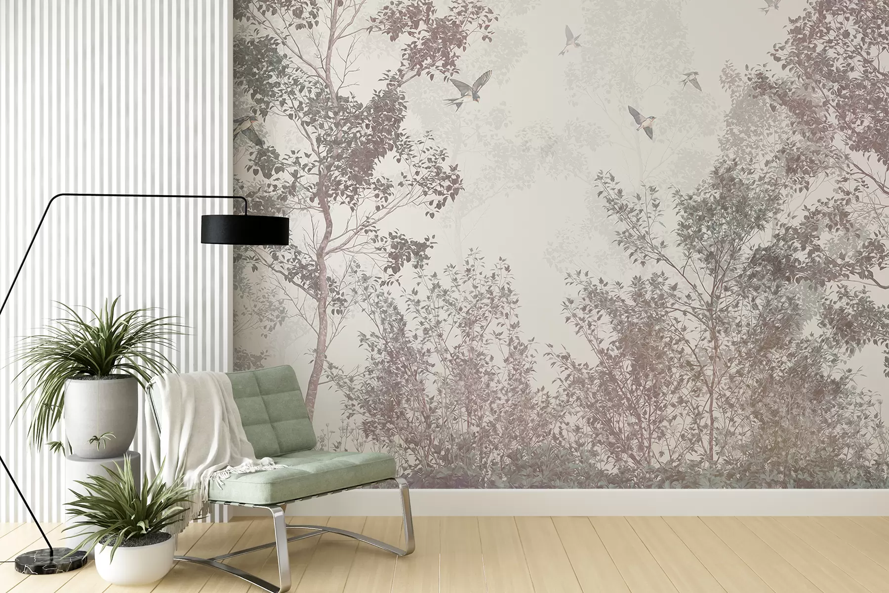 Papier peint Arbres avec feuilles et branches brunes et grises avec oiseaux volant dans le ciel, fond blanc w07982