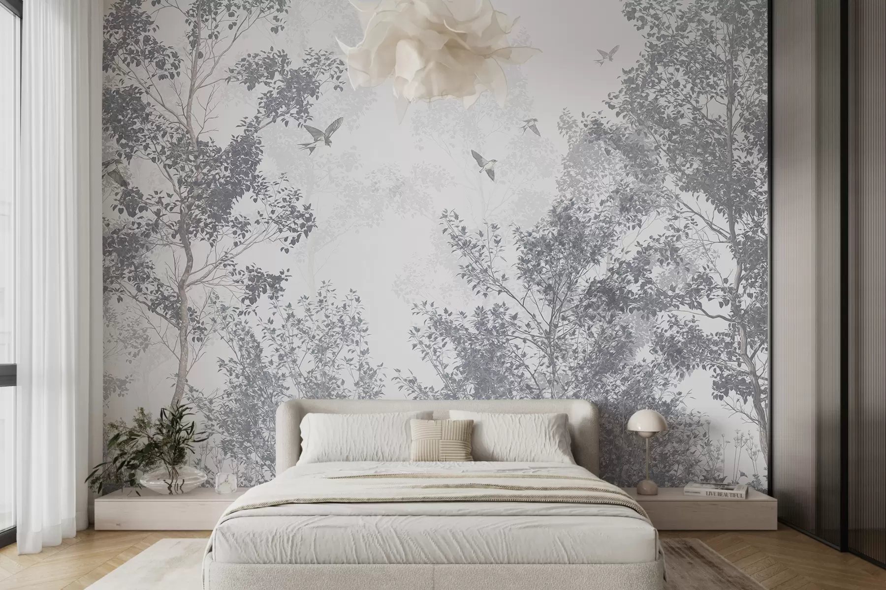 Papier peint Arbres aux feuilles et branches grises avec des oiseaux volant dans le ciel, fond blanc w07982v1