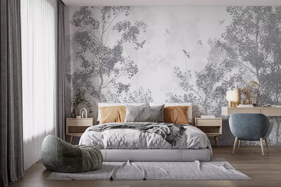 Papier peint Arbres aux feuilles et branches grises avec des oiseaux volant dans le ciel, fond blanc w07982v1