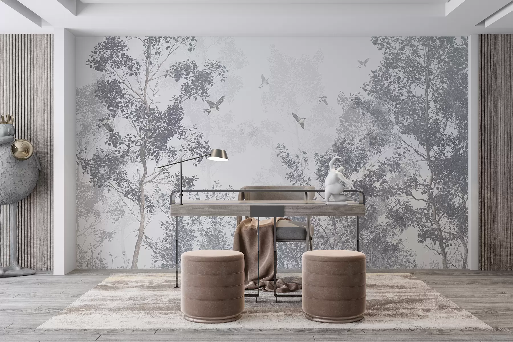 Papier peint Arbres bleus nus et doux avec des branches contre un ciel brumeux et couvert avec des oiseaux volants w07982v1