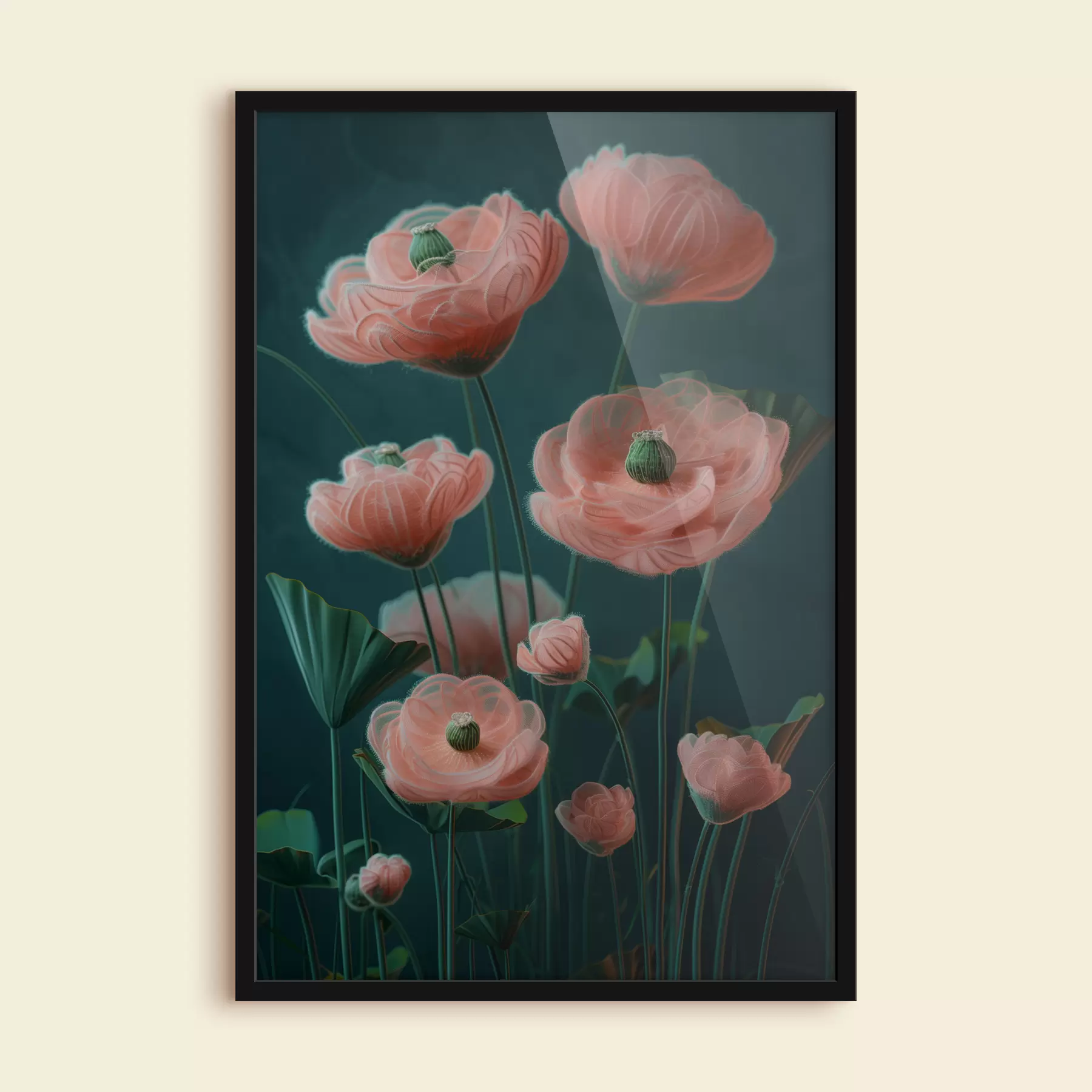 Papier peint Fleurs roses géantes en fourrure en laine sur fond vert f39651