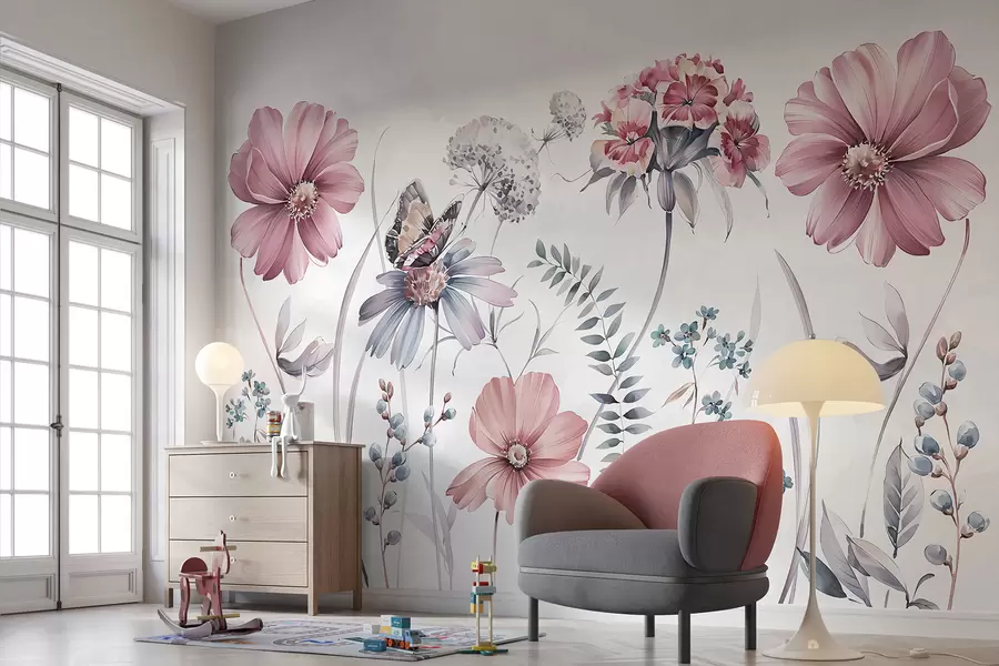 Papier peint Grandes fleurs et plantes délicates avec papillon w07905