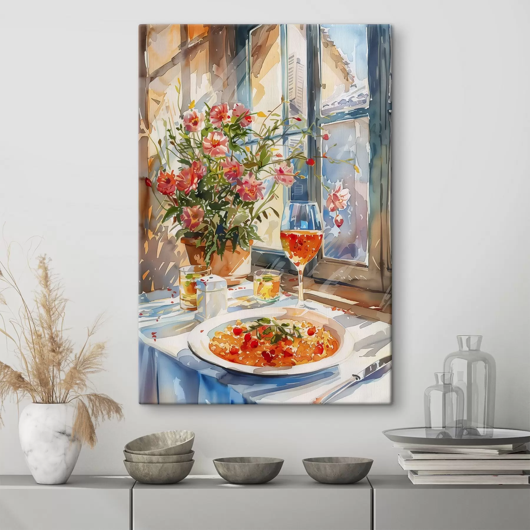 Tableau Branche d'aquarelle, lumière du soleil dans la fenêtre, verre de cocktail, fleurs d'été s39707