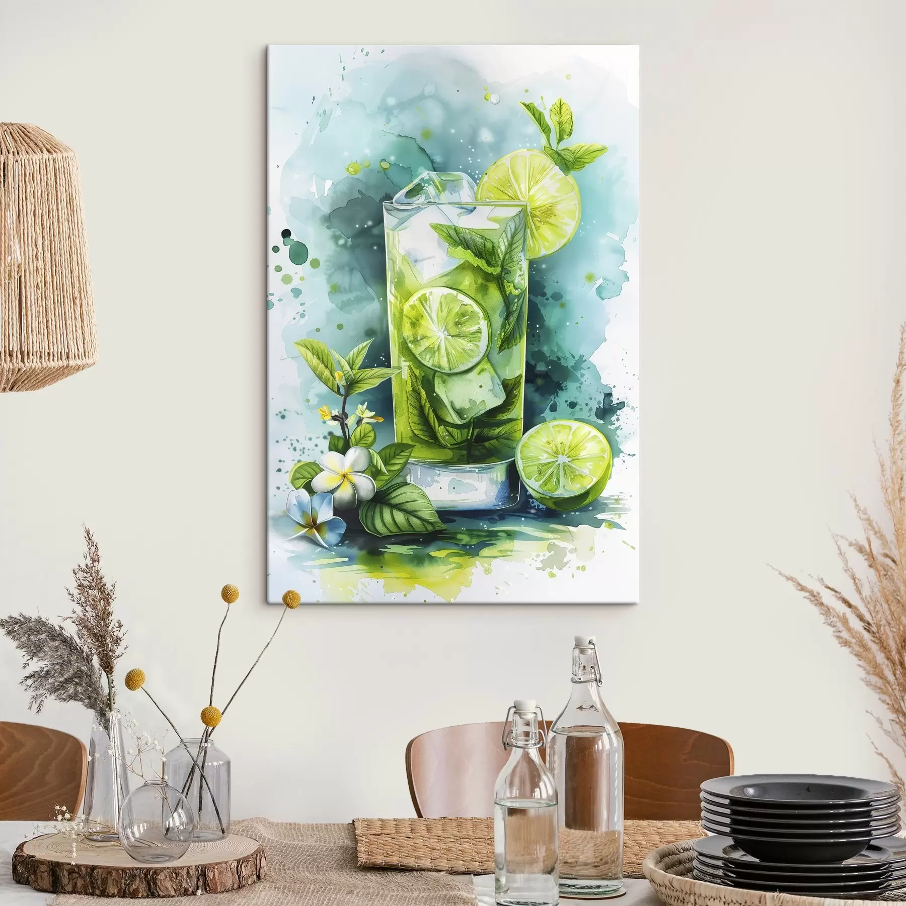 Tableau Cocktail d'été aquarelle, mojito, citron vert et menthe, fleurs, couleurs vertes s39712