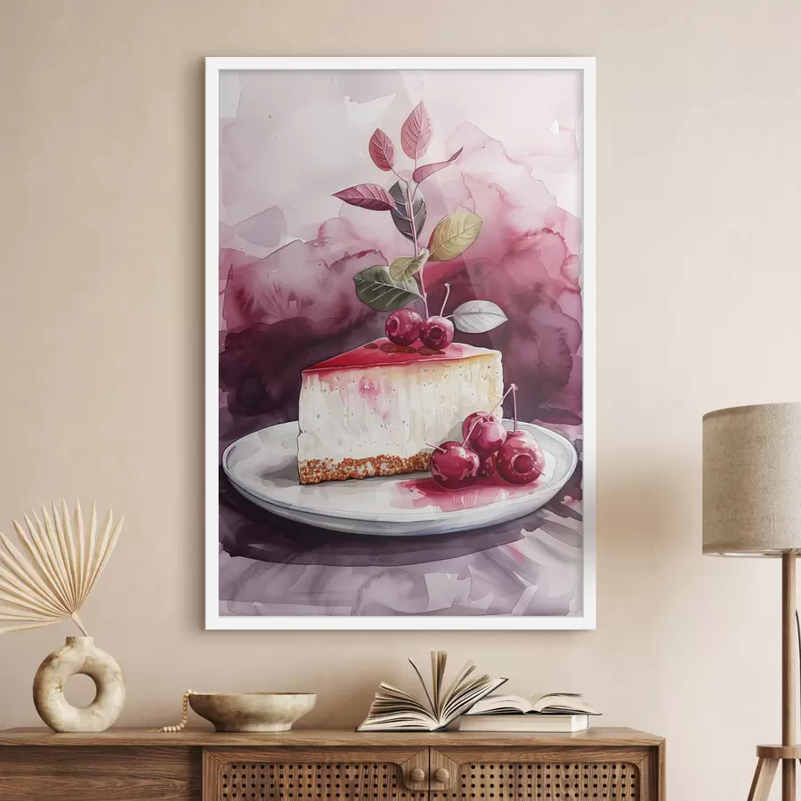 Papier peint Cheesecake aquarelle aux cerises, art culinaire élégant, couleurs rouge et violet f39700