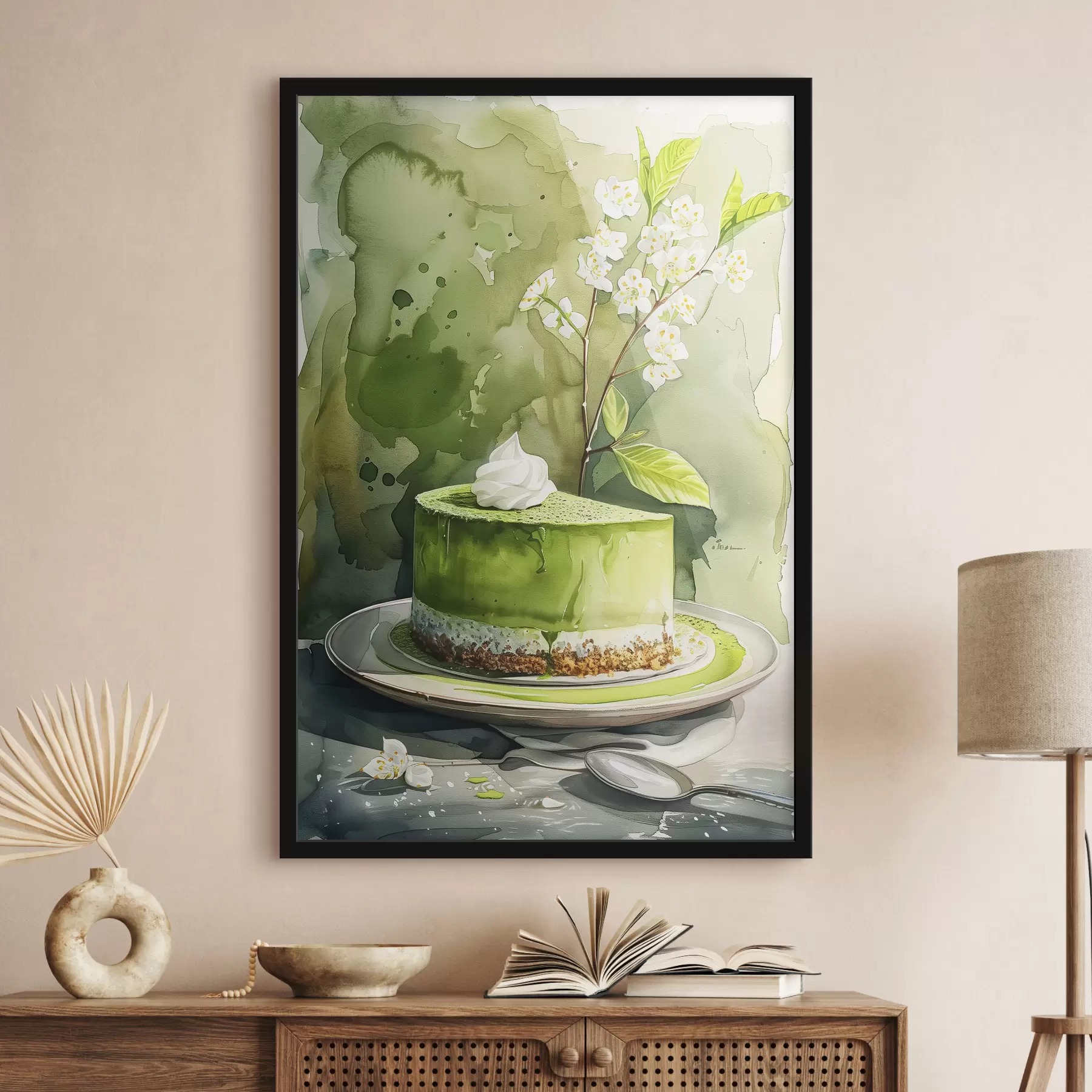 Papier peint Cheesecake matcha, art culinaire aquarelle, élégant, fleur de jasmin, couleurs vertes f39702