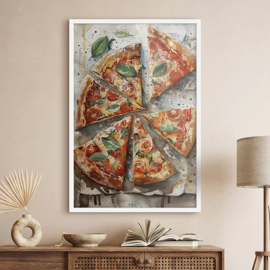 Papier peint Délicieuse pizza italienne, art culinaire à l'aquarelle, margarita, tomates f39703