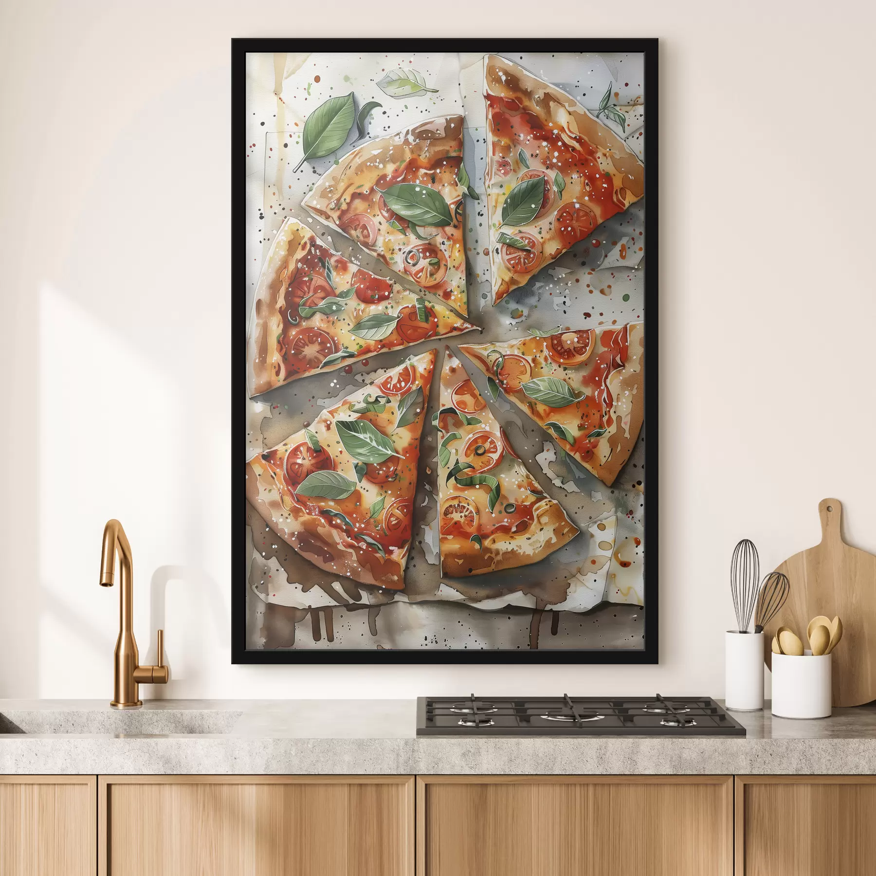Papier peint Délicieuse pizza italienne, art culinaire à l'aquarelle, margarita, tomates f39703