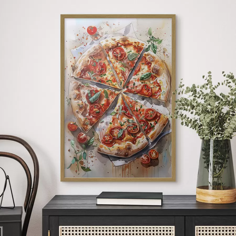 Papier peint Pizza aquarelle, délicieuse, tomates et fromage, art culinaire, table en bois f39704