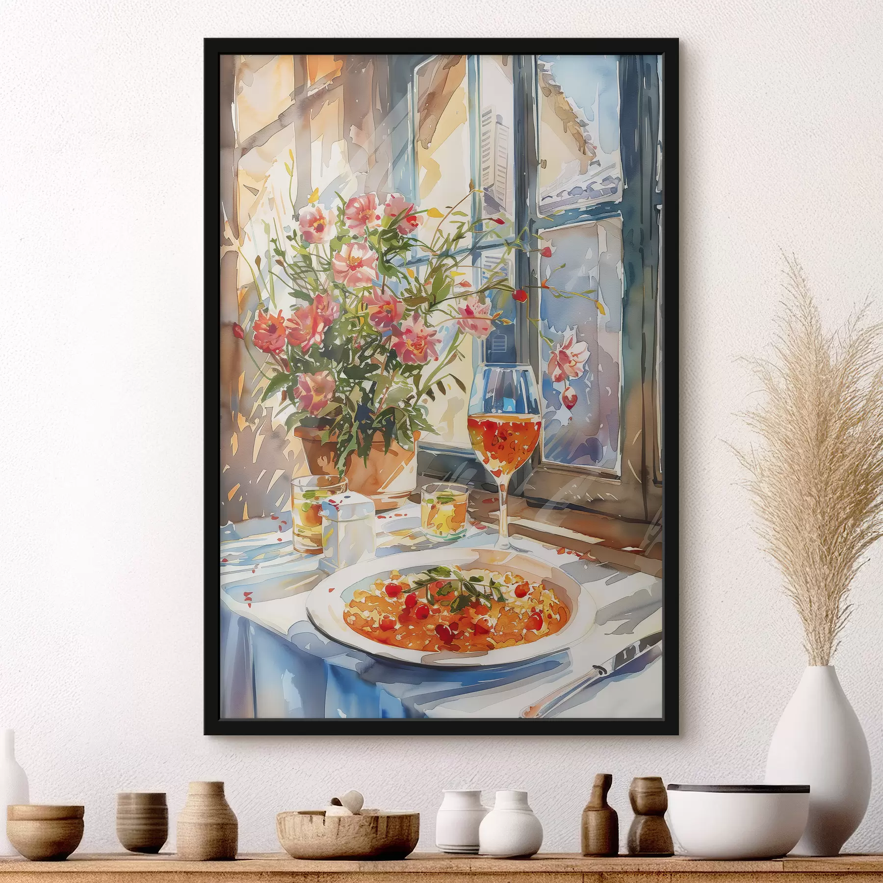 Papier peint Branche d'aquarelle, lumière du soleil dans la fenêtre, verre de cocktail, fleurs d'été f39707