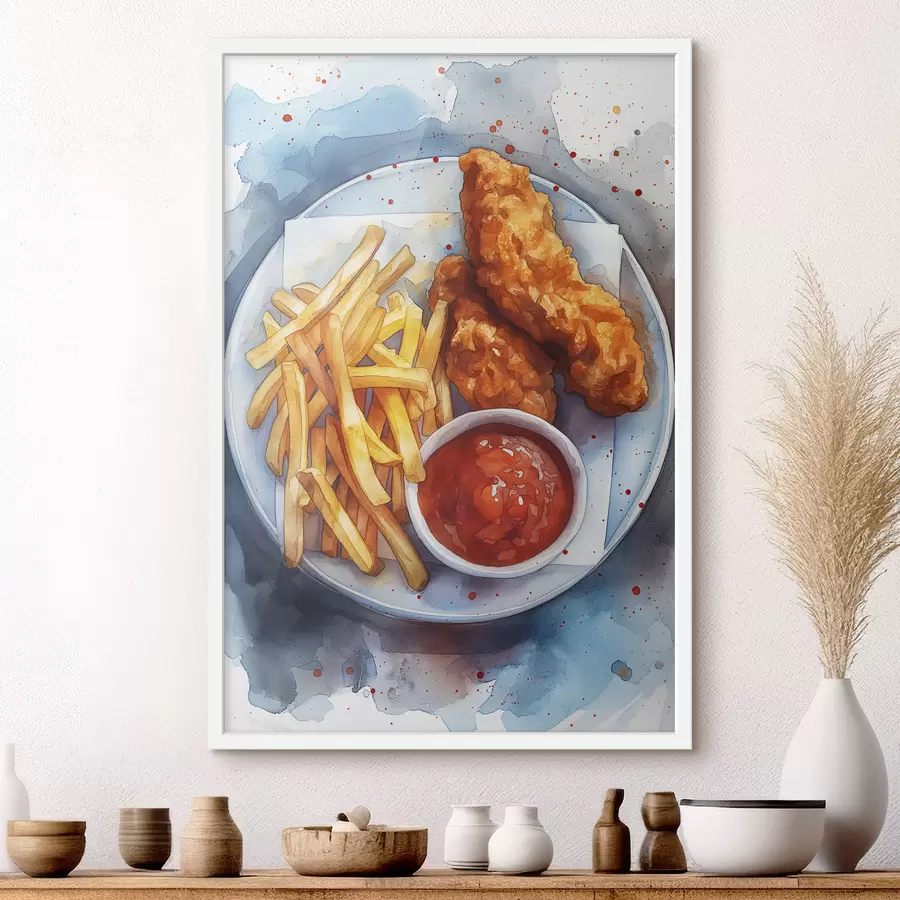 Papier peint Cuisine de rue à l'aquarelle, frites au poulet rôti, délicieuse f39709