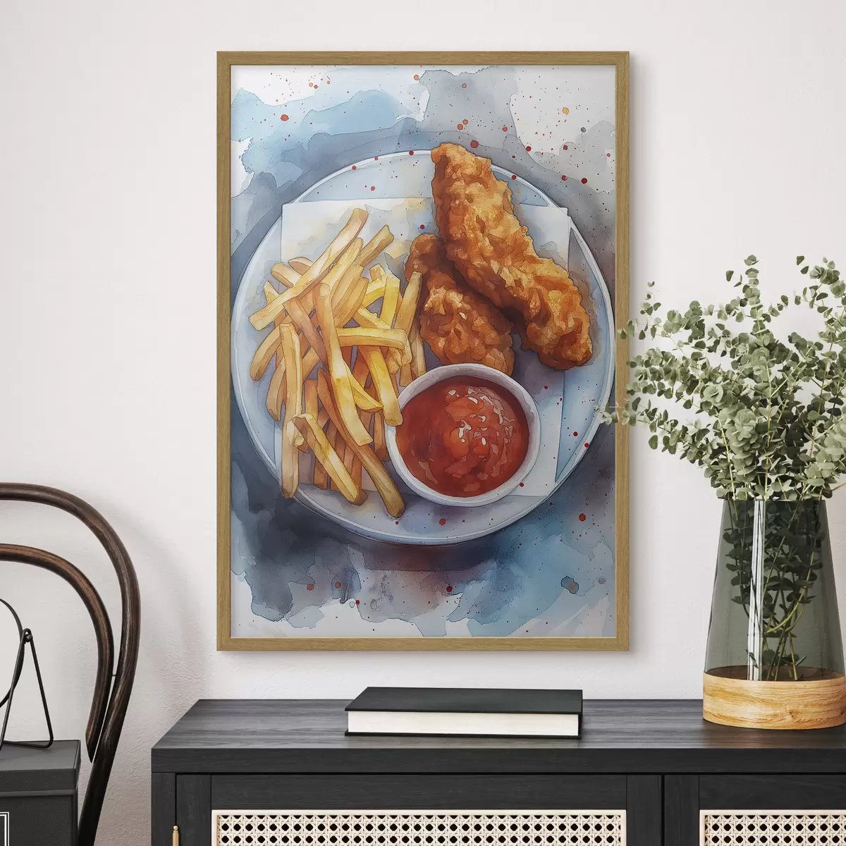 Poster Cuisine de rue à l'aquarelle, frites au poulet rôti, délicieuse f39709