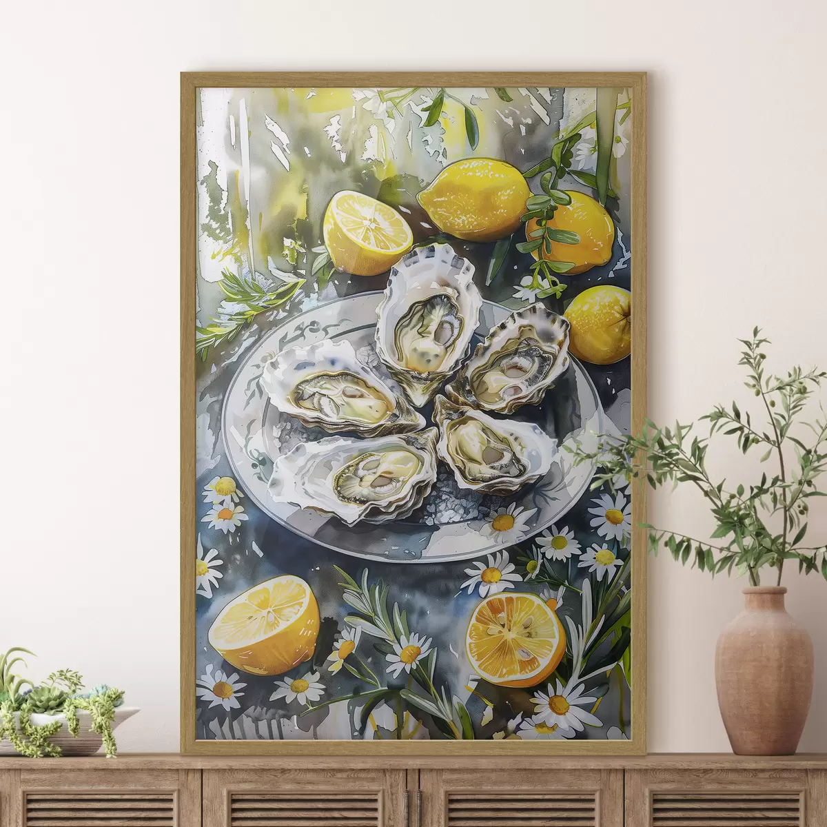 Poster Huîtres élégantes dans l'assiette, citrons et fleurs, couleurs estivales, méditerranéennes f39710