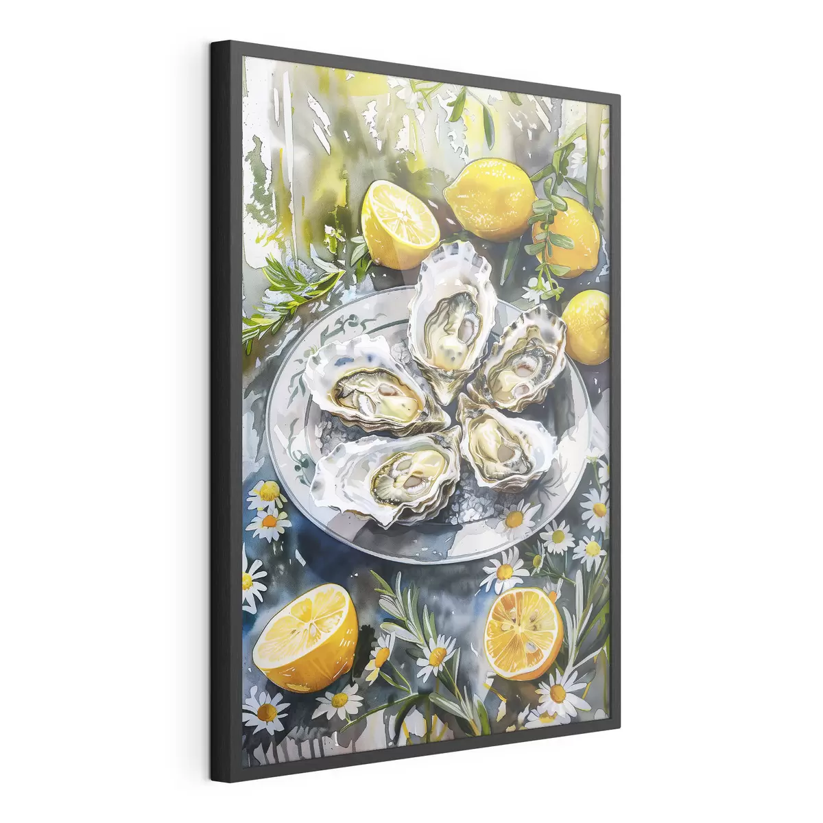 Poster Huîtres élégantes dans l'assiette, citrons et fleurs, couleurs estivales, méditerranéennes f39710
