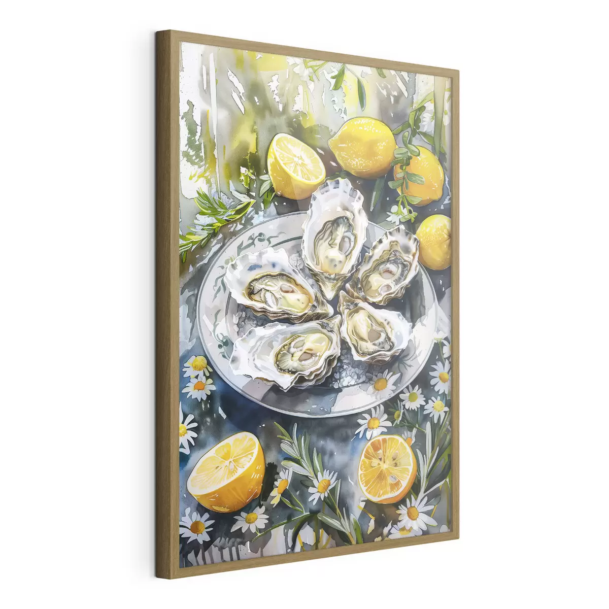 Poster Huîtres élégantes dans l'assiette, citrons et fleurs, couleurs estivales, méditerranéennes f39710